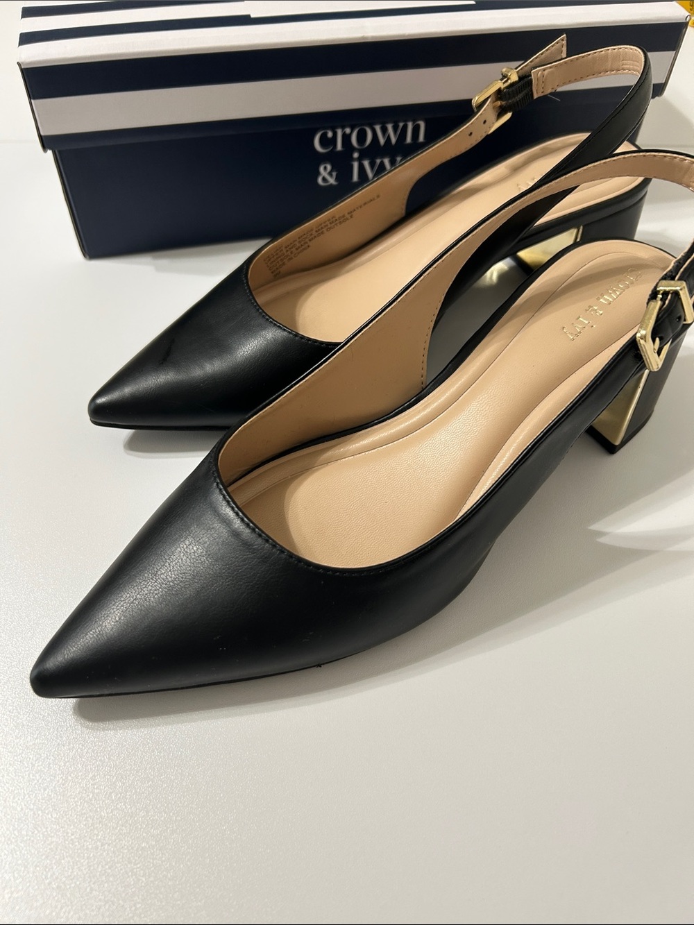 crown & ivy Black Pointed Toe Slingback Pumps with Gold Accent